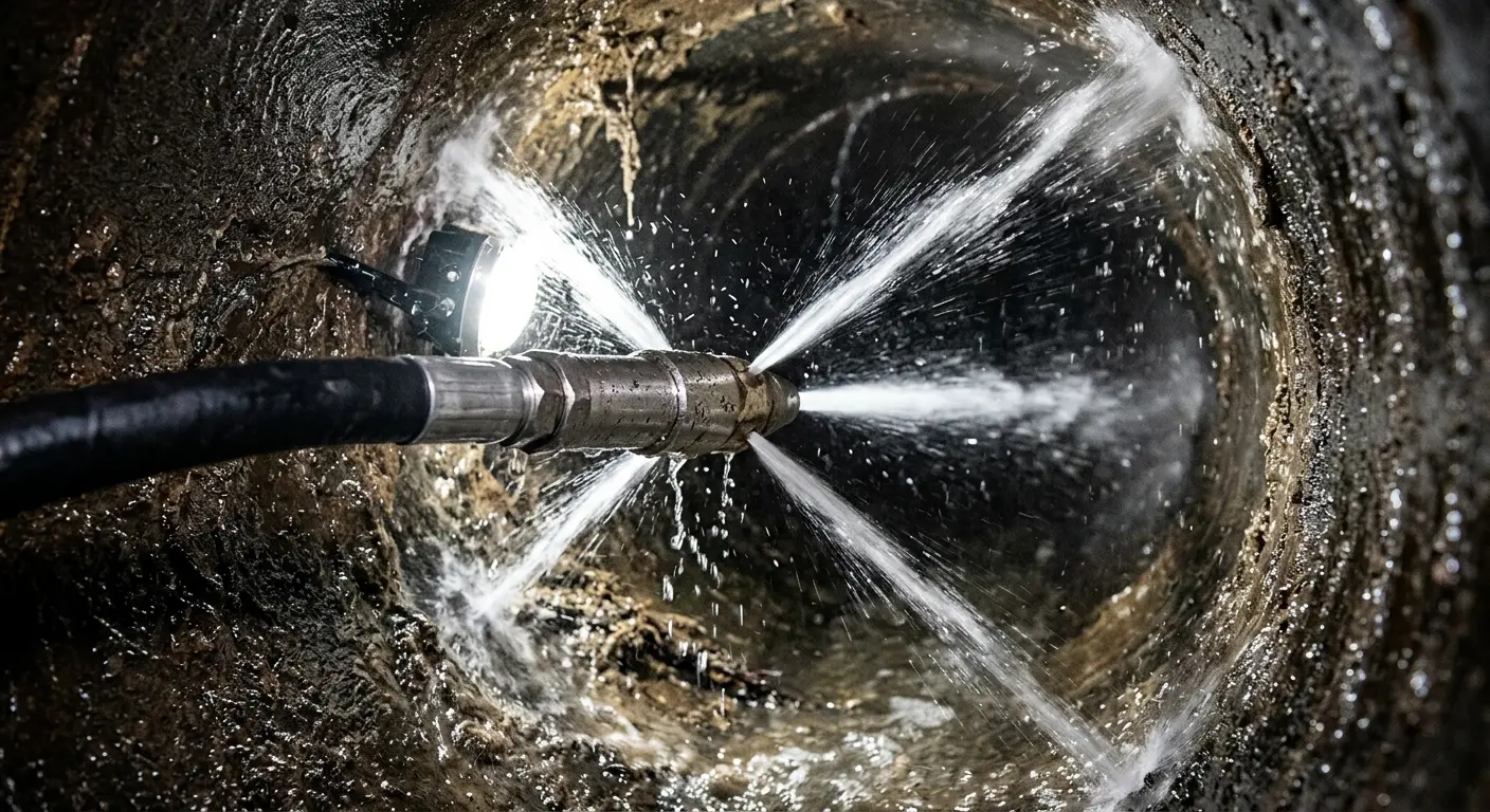 High-pressure hydro jetting nozzle cleaning sewer pipe for Emergency Drain Service in Pembroke Pines